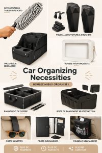 Accessoires d'organisation pour voiture affichés sur une table