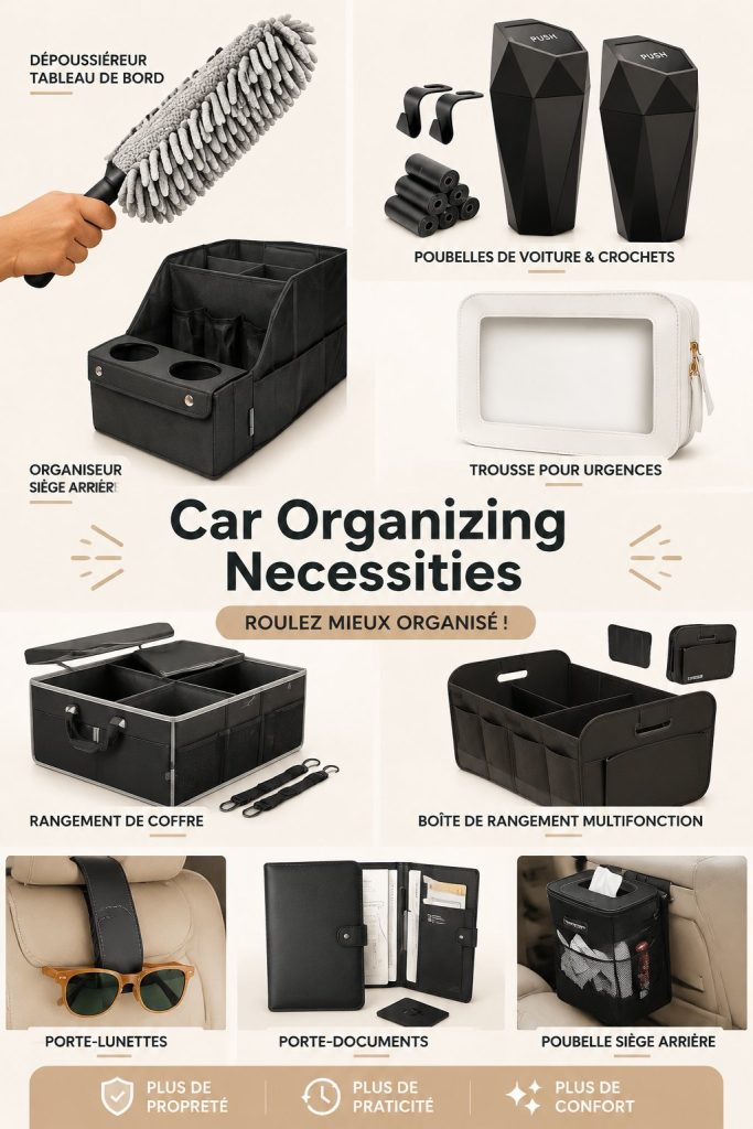 Accessoires d'organisation pour voiture affichés sur une table