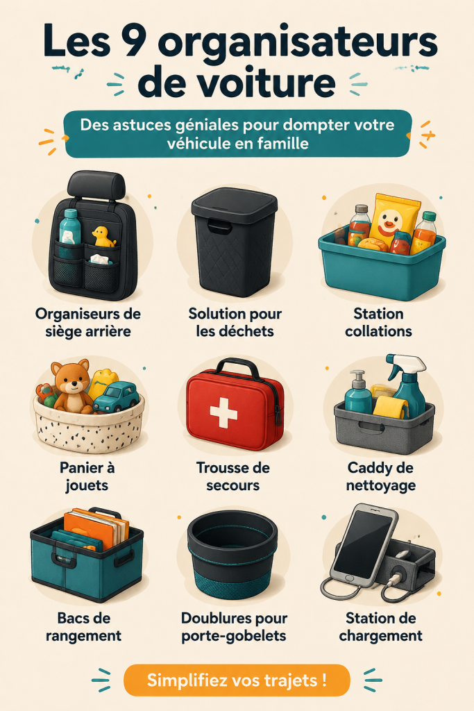 Intérieur d'une voiture familiale bien organisée avec des rangements pratiques.