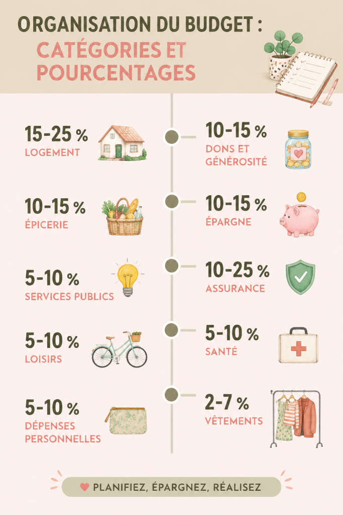 Une femme souriante organisant son budget sur son ordinateur, entourée de notes et d'un café.