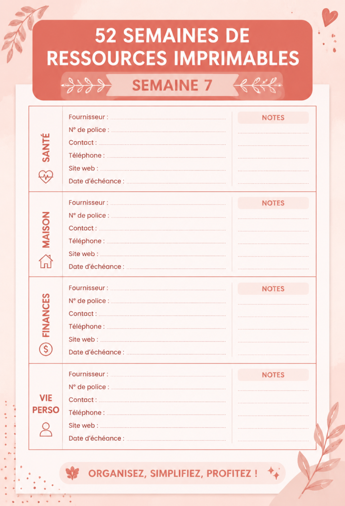 Un carnet d'assurance organisé avec les coordonnées importantes.