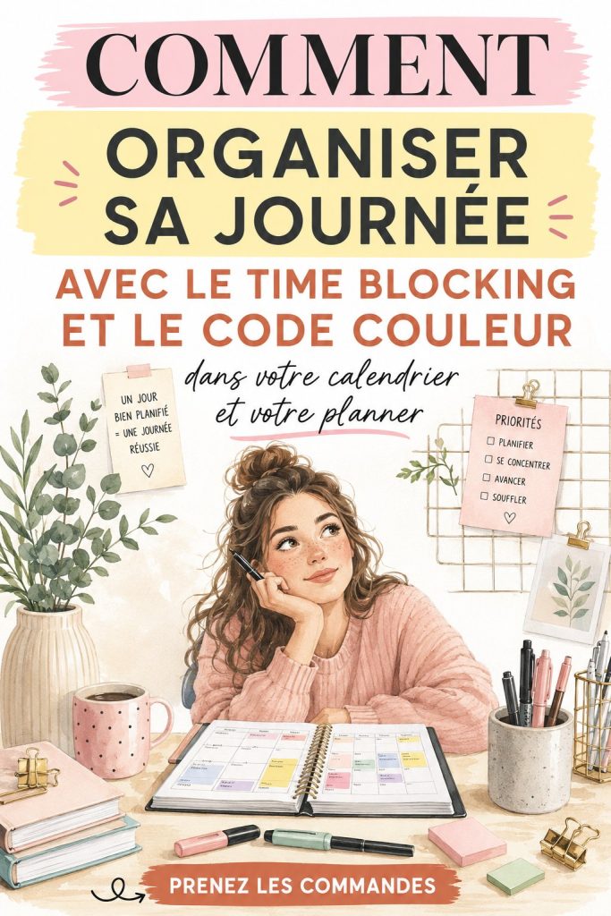 Une femme organise sa journée avec un calendrier coloré, illustrant le time blocking.