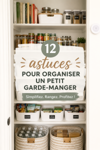 Garde-manger organisé avec des étagères bien remplies et des bocaux étiquetés