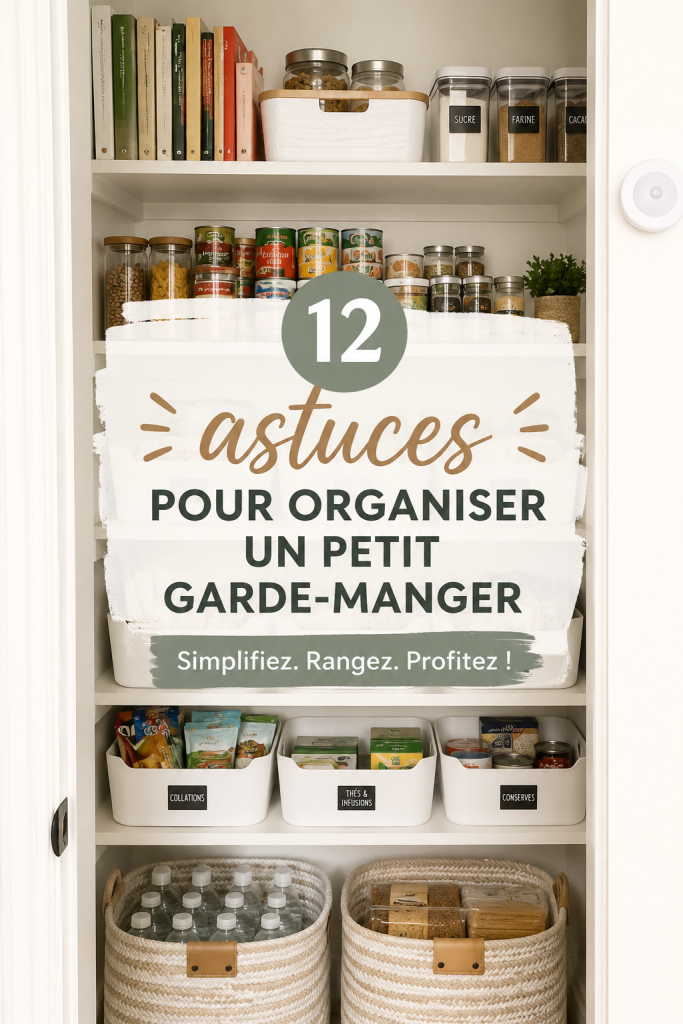 Garde-manger organisé avec des étagères bien remplies et des bocaux étiquetés