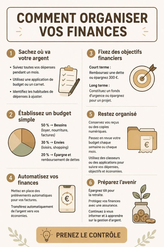 Femme examinant des documents financiers avec un sourire, une tasse de thé à côté d'elle.