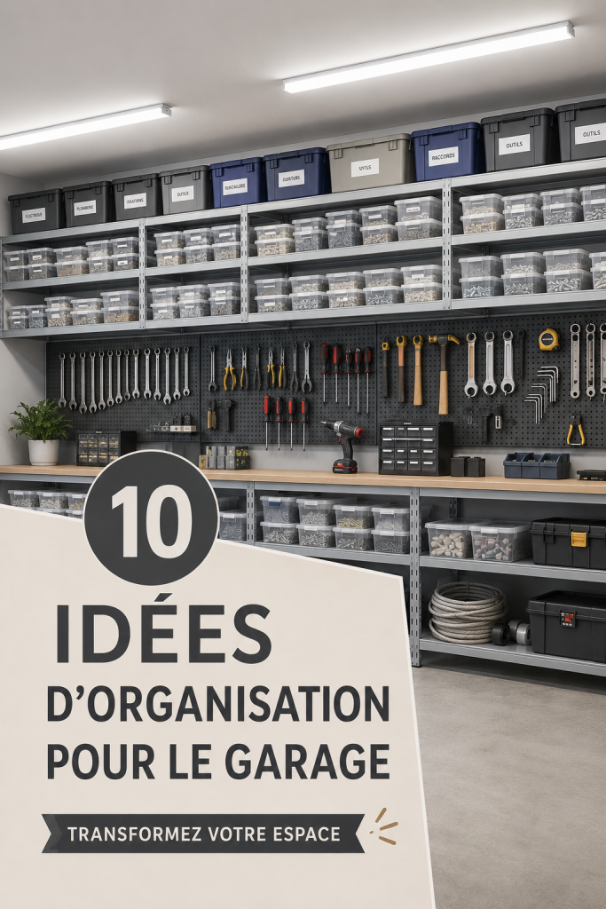 Garage bien organisé avec des étagères et des outils rangés.