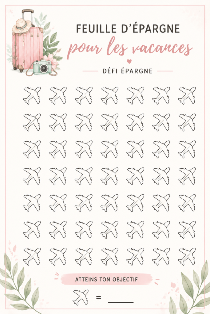 Feuille de budget vacances organisée avec des colonnes pour les dépenses et les économies.