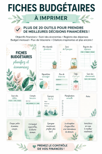 Illustration d'un modèle de budget imprimable sur un bureau avec des fournitures de bureau.
