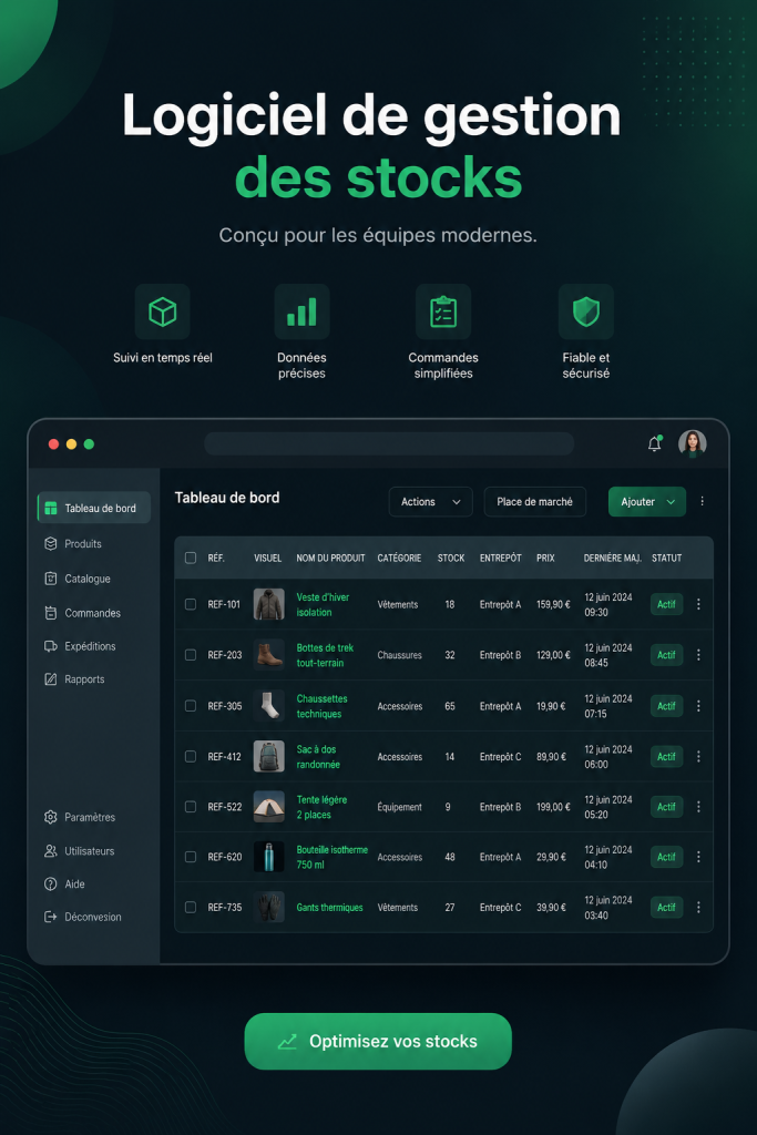 Logiciel de gestion d'inventaire montrant une interface utilisateur claire et intuitive.