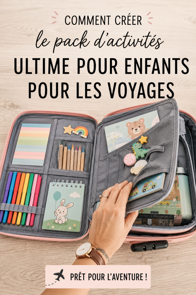 Pack d'activités coloré pour enfants prêt à être emporté en voyage.
