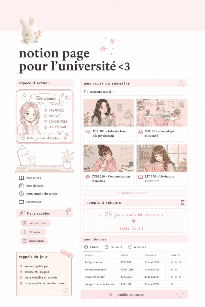 Capture d'écran d'une page Notion personnalisée pour les études universitaires