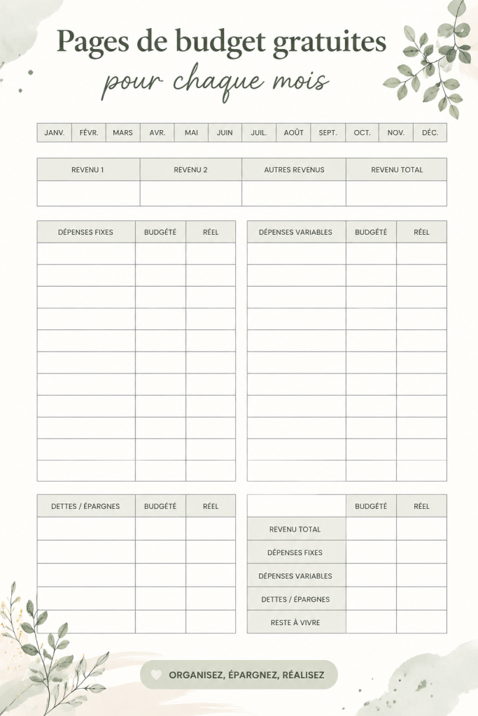 Des pages de planification budgétaire colorées avec des sections claires et dynamiques.