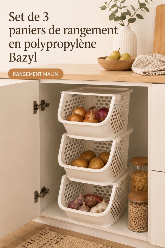 Set de trois paniers de rangement en polypropylène colorés sur un fond clair