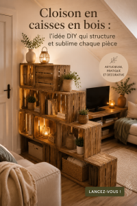 Paravent en caisses en bois dans un salon moderne, ajoutant structure et style à l'espace.