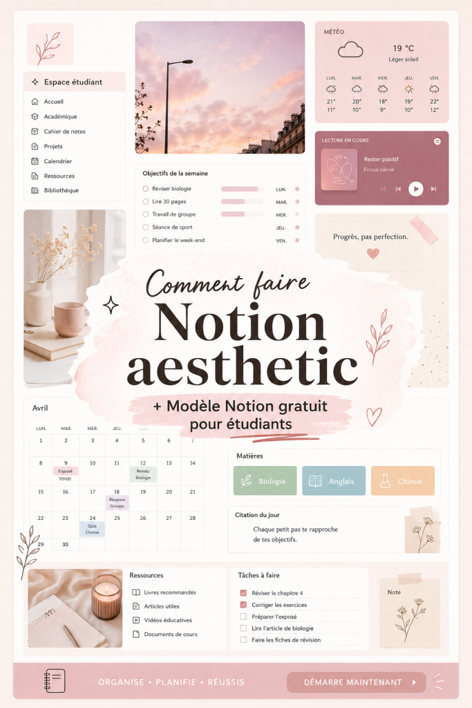 Capture d'écran d'une interface Notion personnalisée avec des couleurs et des icônes variées.