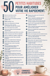 Un tableau sur un bureau avec des notes de bonnes habitudes et un café, représentant le bien-être quotidien.