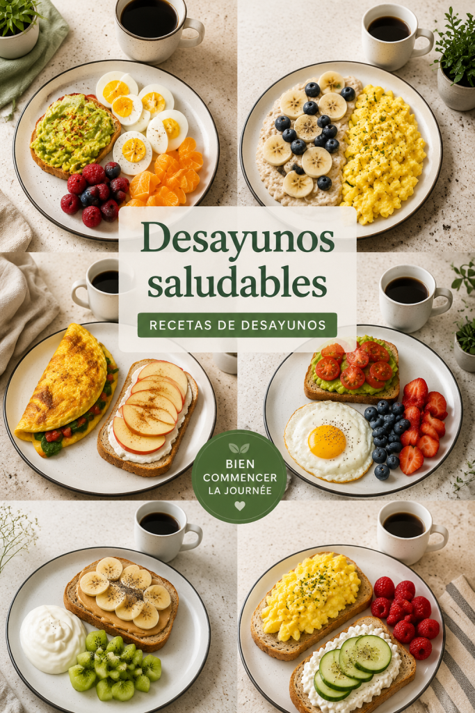 Une table avec différents petits déjeuners sains comme des smoothies et des fruits.