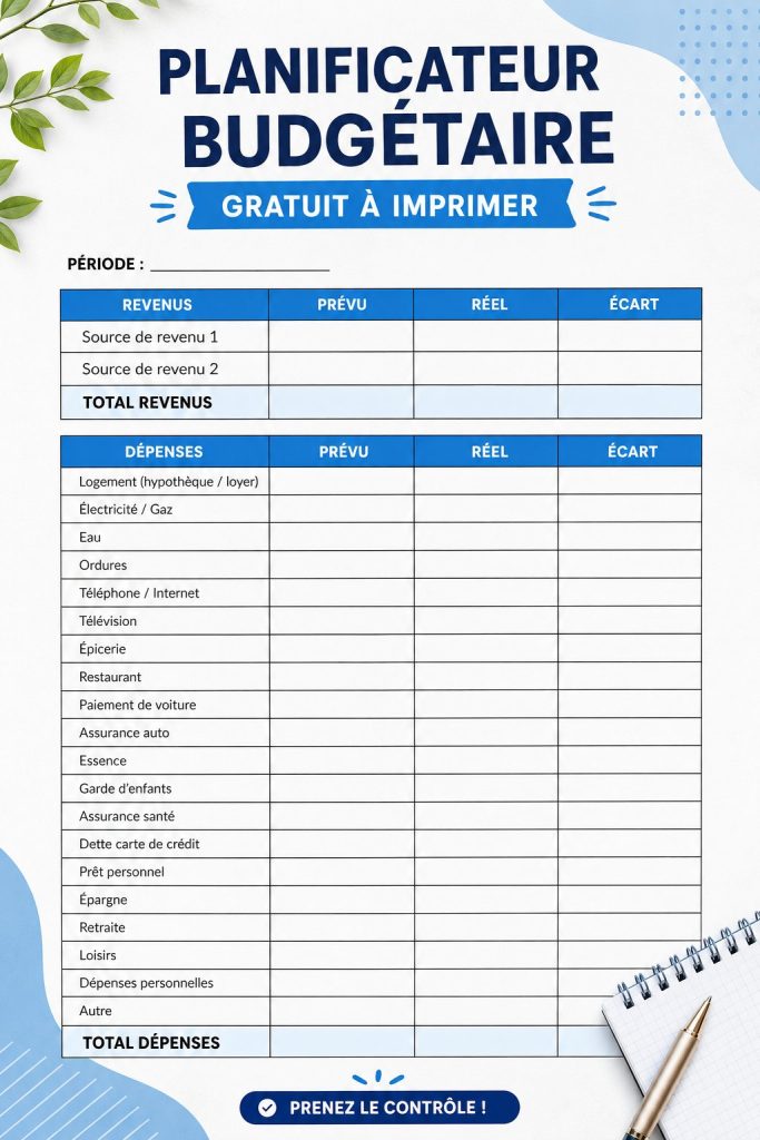 Planificateur de budget imprimable et stylisé sur une table en bois
