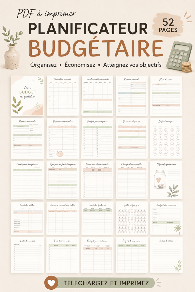 Planificateur de budget gratuit à imprimer avec des sections pour les dépenses et les économies.