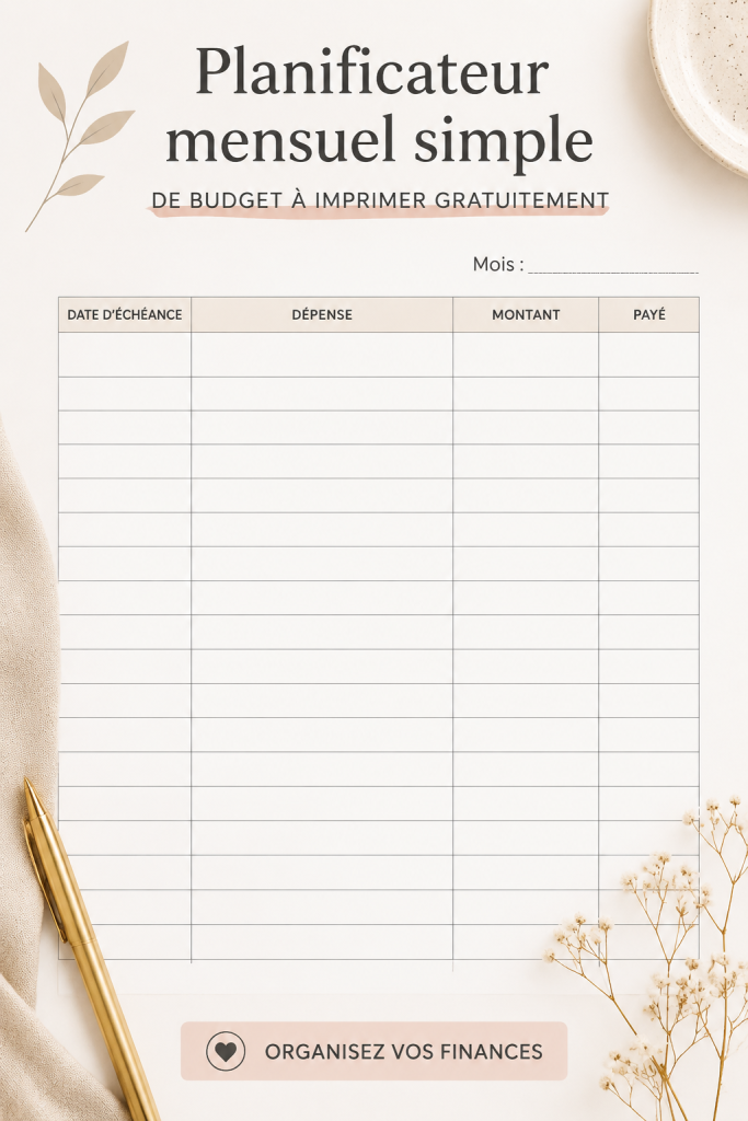Planificateur de budget mensuel à imprimer avec des colonnes pour les dépenses et les revenus.