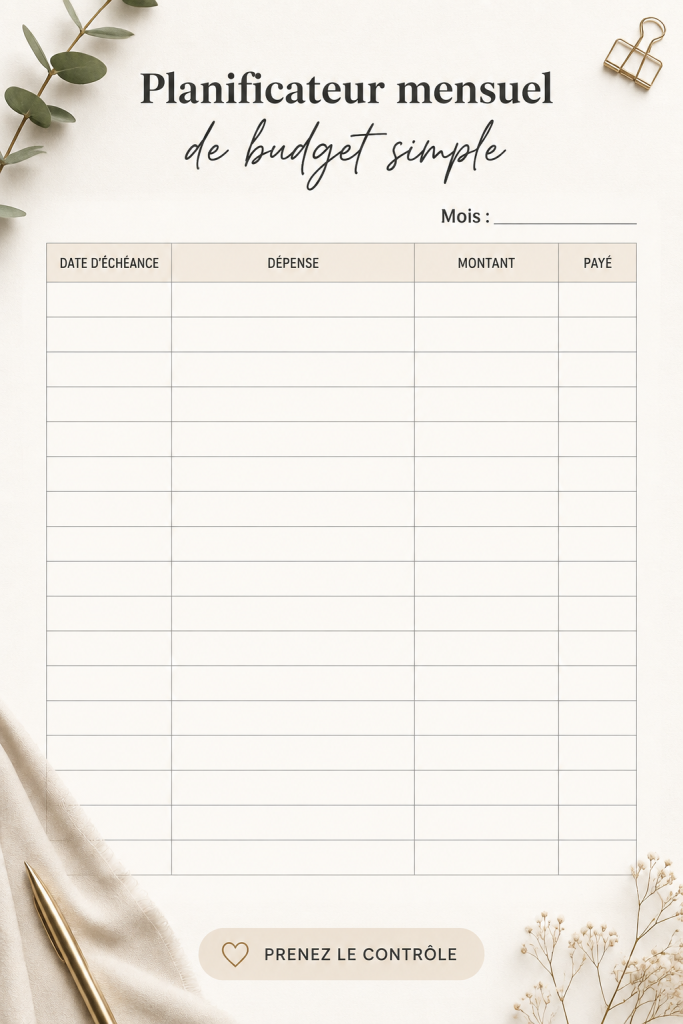 Planificateur de budget mensuel gratuit imprimé sur une table avec des fournitures de bureau.