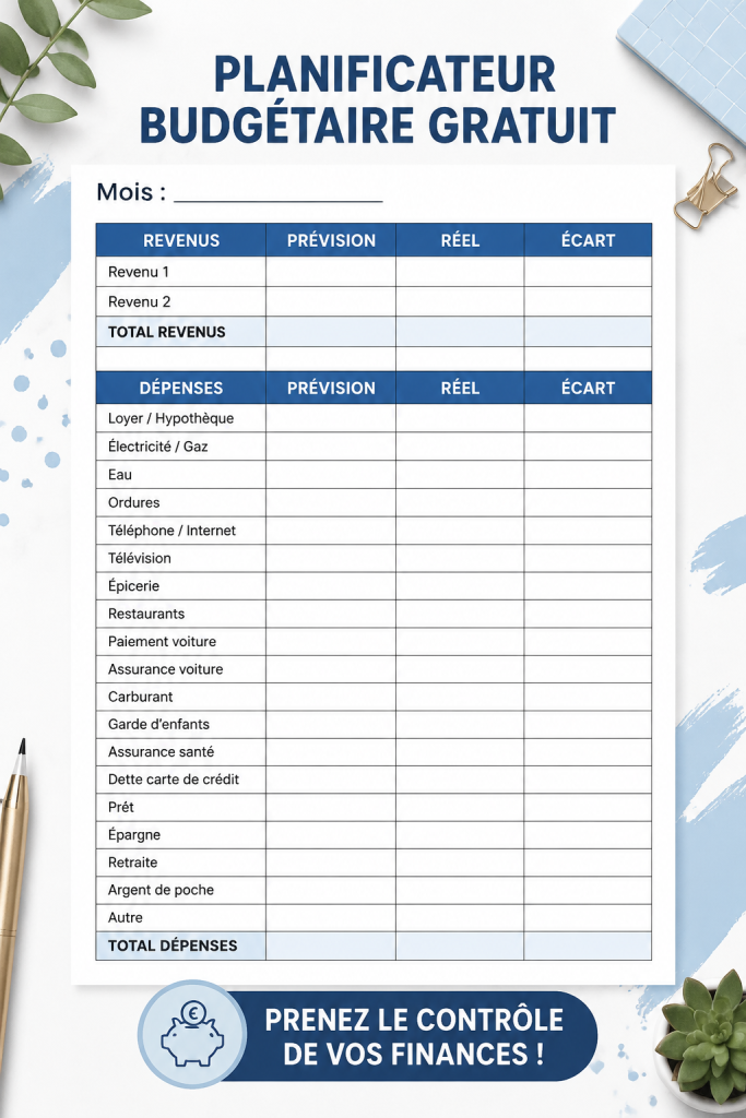 Planificateur de budget à imprimer avec des sections pour revenus et dépenses