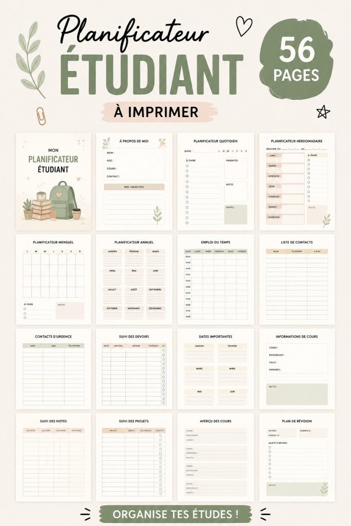 Planificateur étudiant gratuit à imprimer sur une table