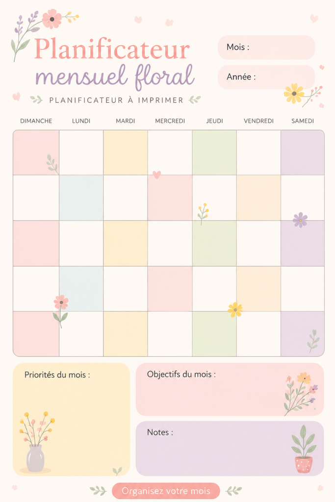 Planificateur mensuel floral sur un bureau en bois, rempli d'écritures colorées.