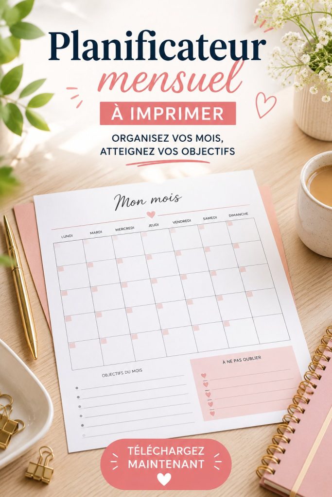 Un planificateur mensuel imprimé sur un bureau avec des stylos et des notes.