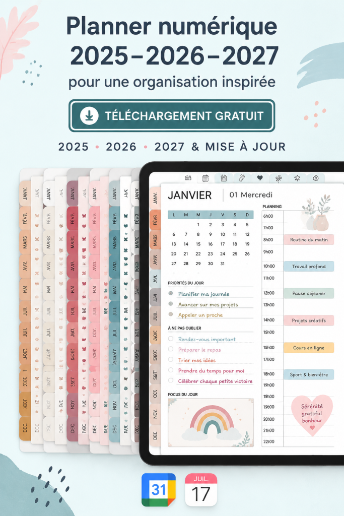 Planificateur numérique coloré 2025-2027 avec motif boho