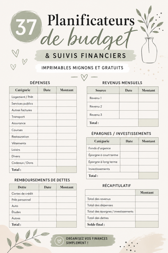 Un ensemble coloré de planificateurs de budget imprimables sur une table.