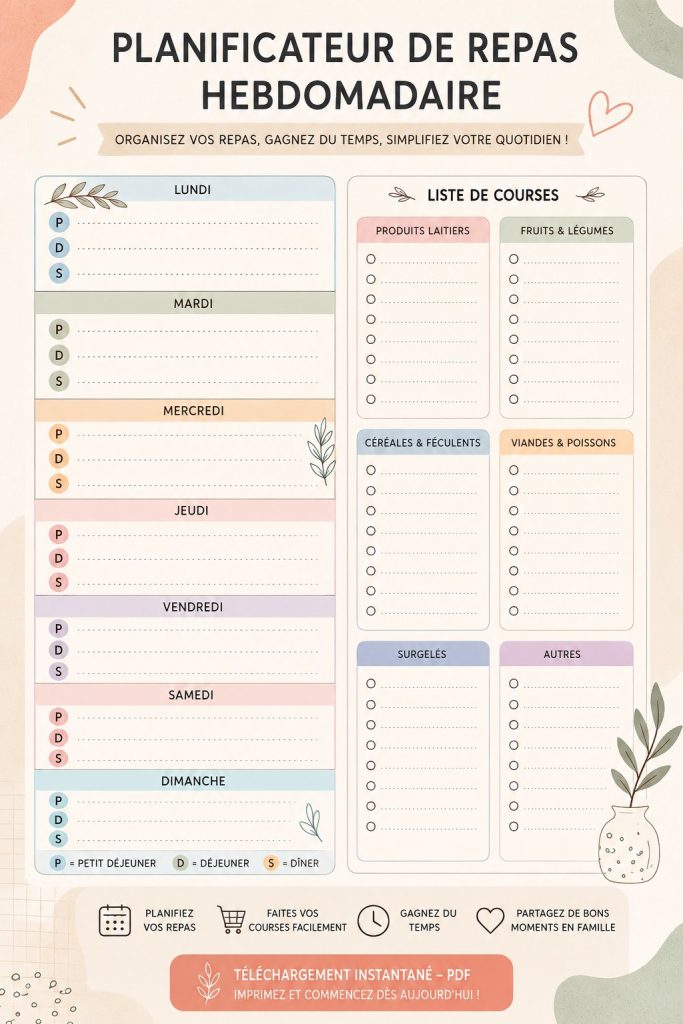 Un modèle de planification de repas hebdomadaire avec des repas variés et une liste de courses.