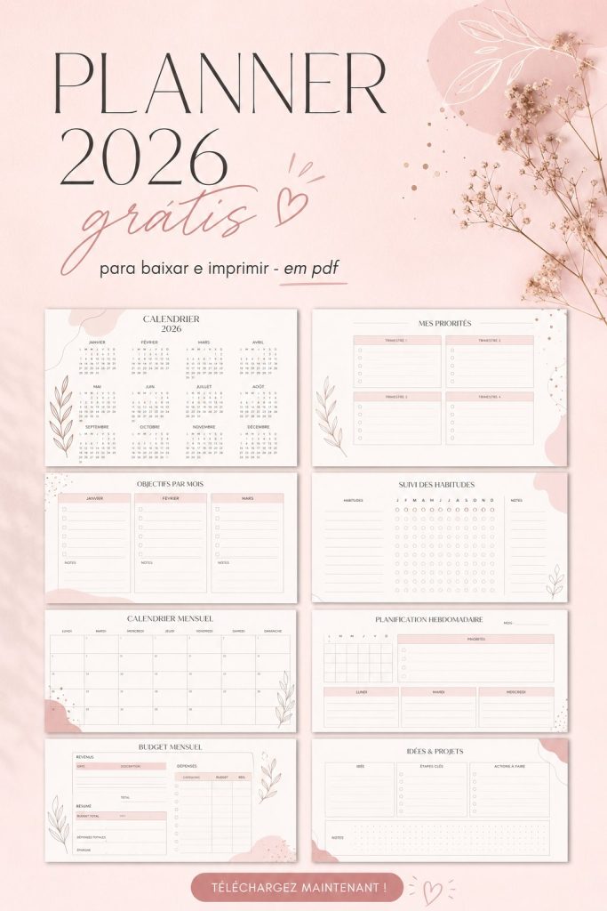 Planner 2026 à imprimer en PDF avec un design élégant et pratique.