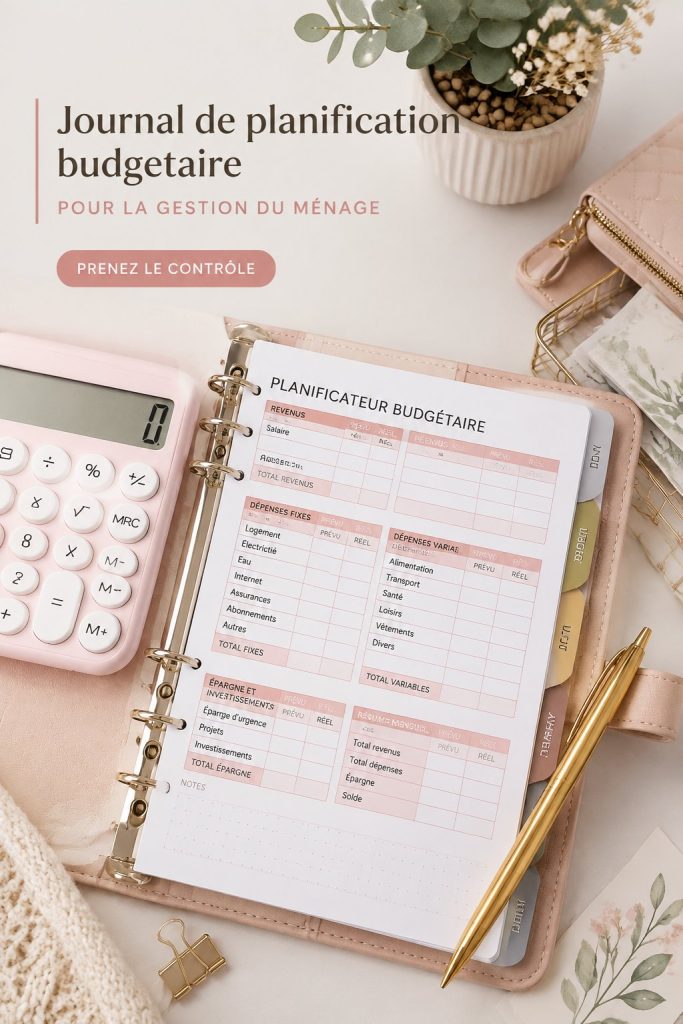 Une femme souriante utilisant un planner de budget sur une table