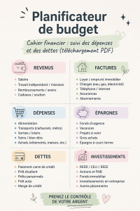 Un planner de budget imprimable avec des graphiques de dépenses et de dettes sur une table en bois.