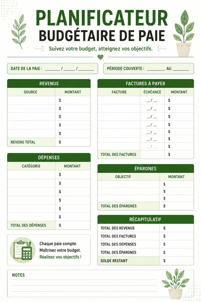 Planner budgétaire coloré posé sur une table en bois avec des équipements de bureau.