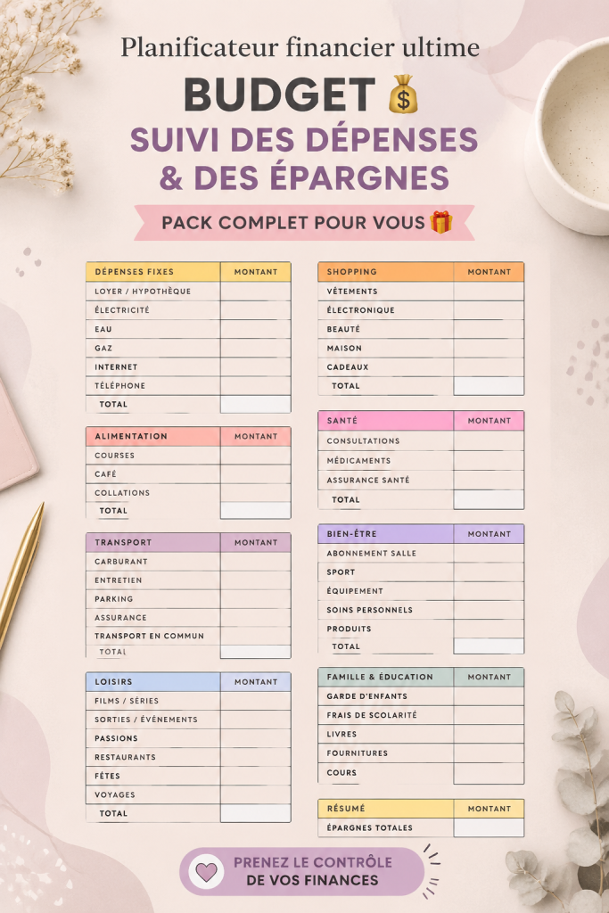 Un planner financier ouvert avec des notes et un stylo sur un bureau, illustrant l'organisation des finances