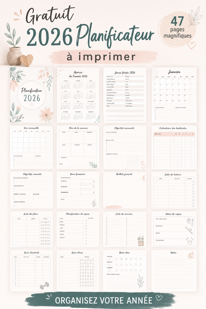 Planificateur imprimable gratuit 2026 avec 47 belles pages disponibles.