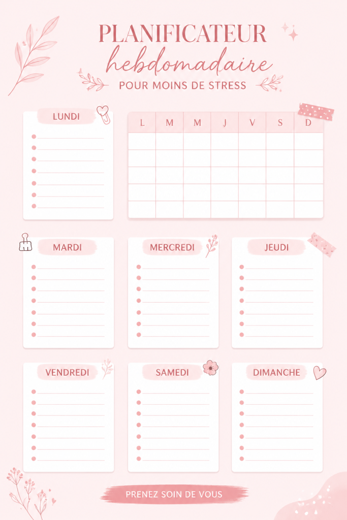 Un planner hebdomadaire sur une table en bois, entouré de stylos et de tasses de café, symbolisant l'organisation sans stress.