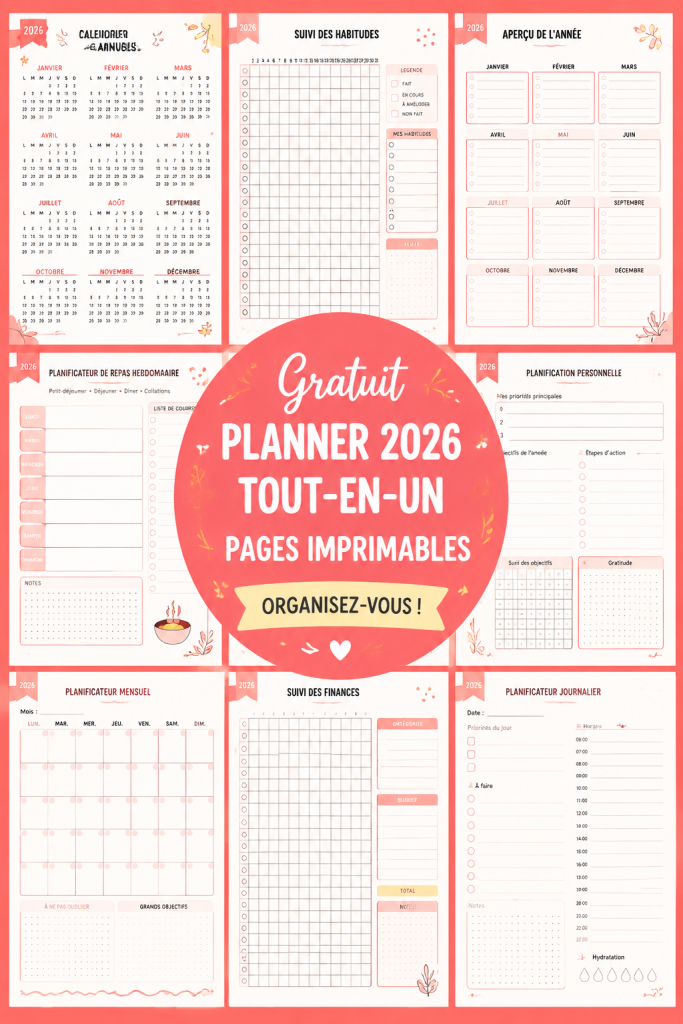 Un planner imprimable posé sur un bureau avec des stylos colorés.