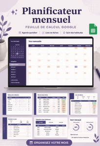 Un planner Google Sheet ouvert sur un écran d'ordinateur, illustrant un mois bien organisé.