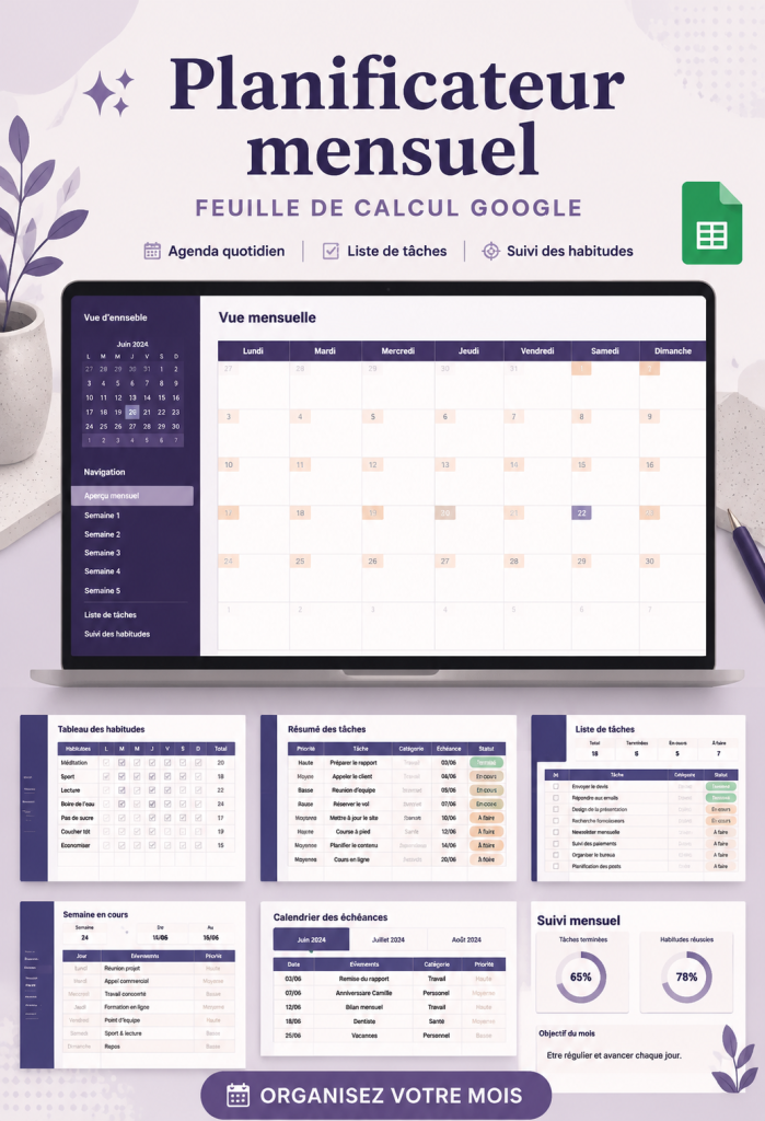 Un planner Google Sheet ouvert sur un écran d'ordinateur, illustrant un mois bien organisé.