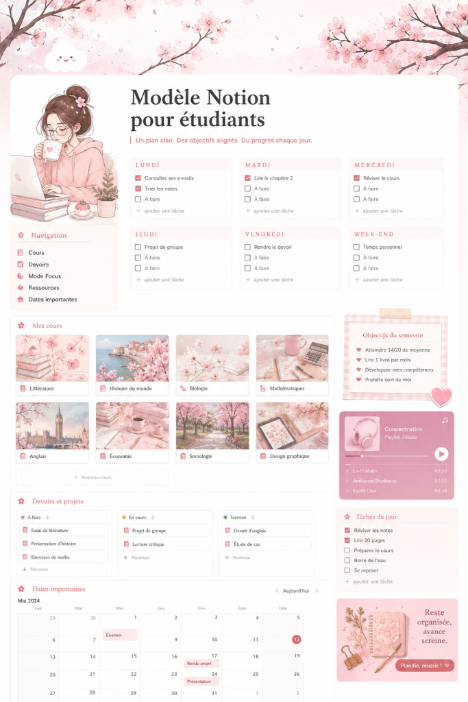 Modèle de planner Notion gratuit pour étudiants sur un bureau