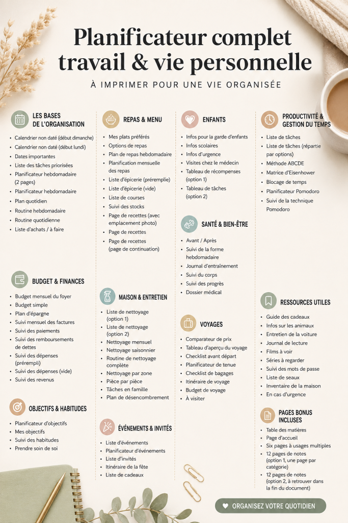 Image d'un planner tout-en-un ouvert sur une table avec des stylos, symbolisant une vie organisée.