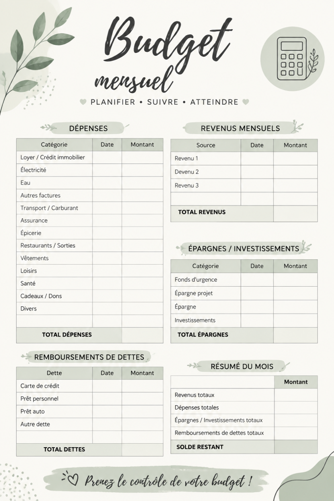 Image de planners et trackers budgétaires imprimables pour la gestion des finances familiales.