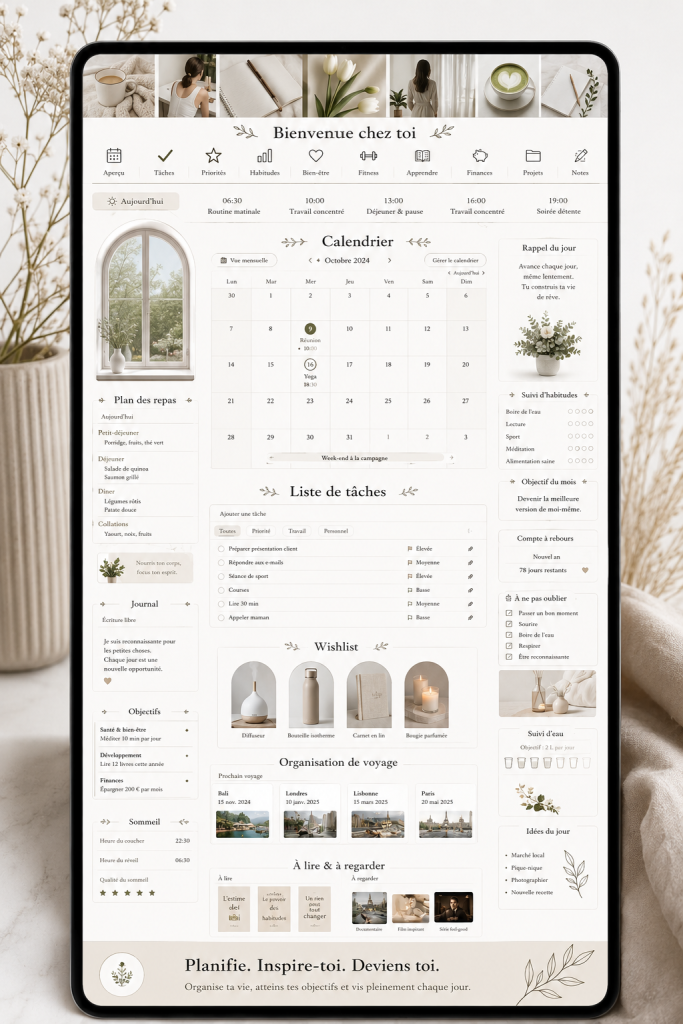 Exemple de planner Notion esthétique avec des éléments de design colorés