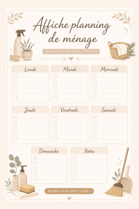 Affiche colorée de planning de ménage dans une cuisine moderne