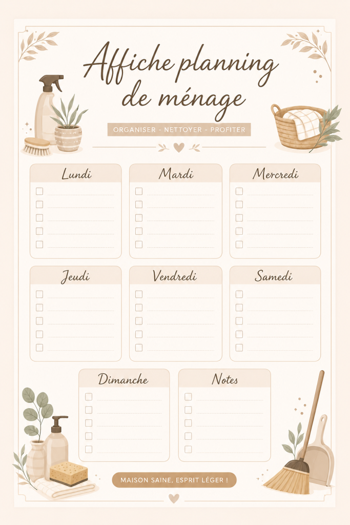 Affiche colorée de planning de ménage dans une cuisine moderne