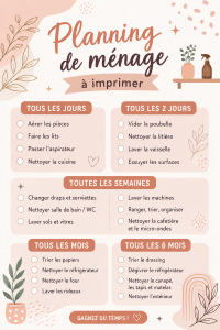 Un planning de ménage imprimé avec des tâches organisées sur une table en bois
