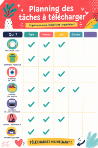 Image d'un planning des tâches à imprimer, illustrant une organisation claire et pratique.